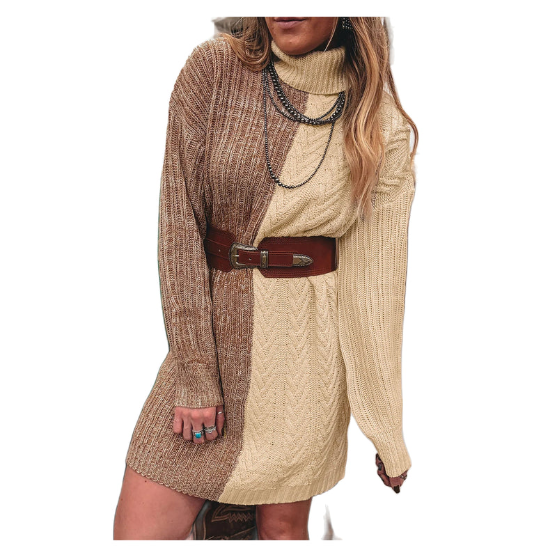 Women's Parchment Color Block Cable Knit Turtleneck Mini Dress