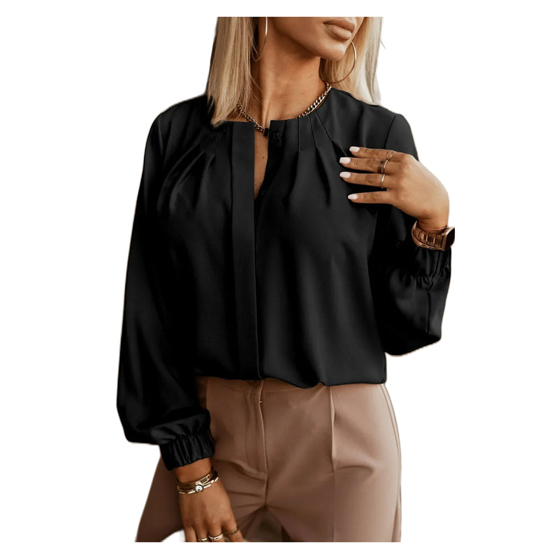 Women's Black Gathered-Neck Long Sleeve Shirt