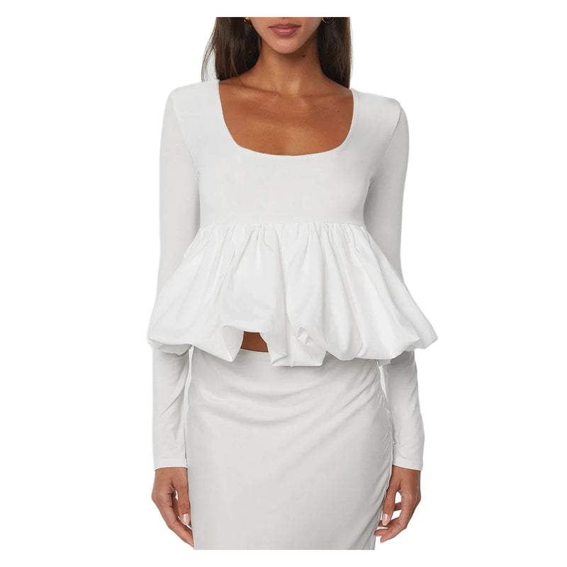 Women's White Scoop-Neck Long Sleeve Bubble-Hem Top