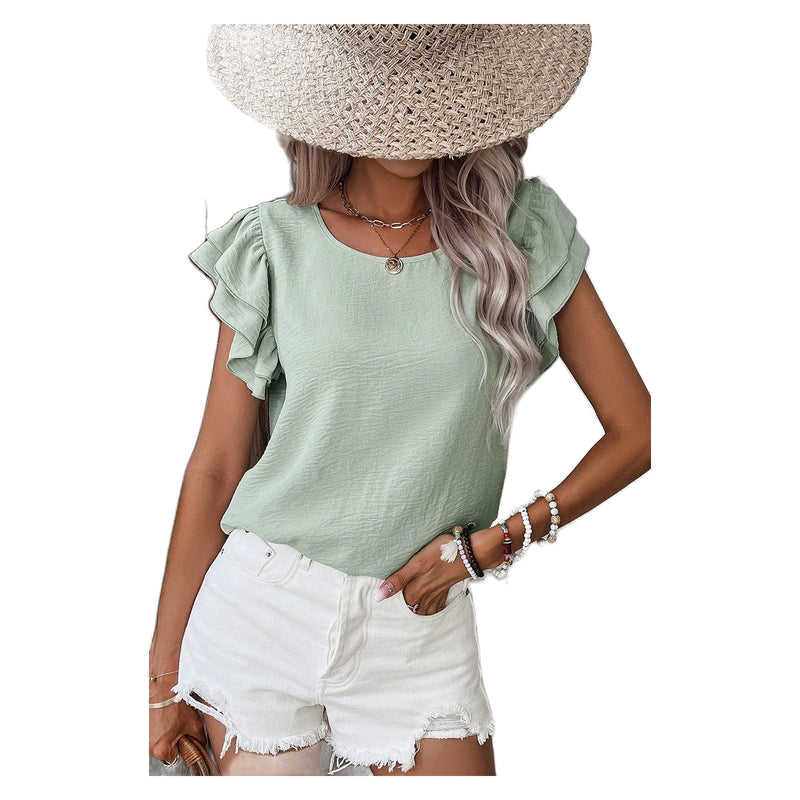 Women's Clearly Aqua Ruffled Short Sleeve Blouse