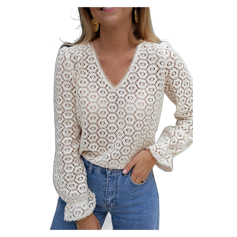 Women's Beige Floral Lace V-Neck Long Sleeve Top