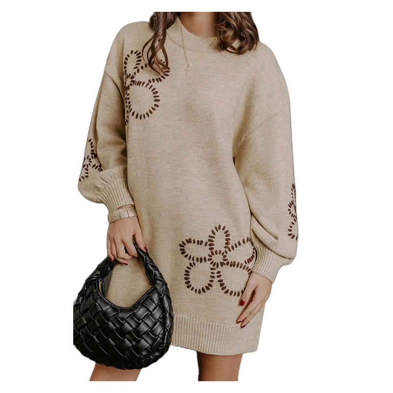 Women's Parchment Floral Knit Round-Neck Long Sleeve Dress