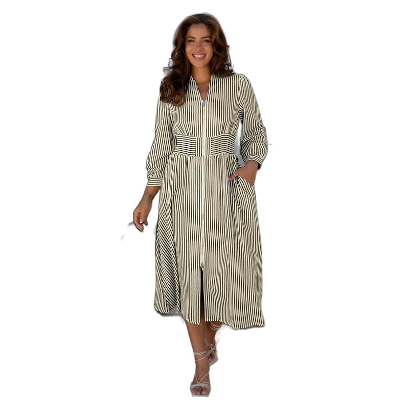 Women's Black Striped Zip-Front Cinched-Waist Midi Dress