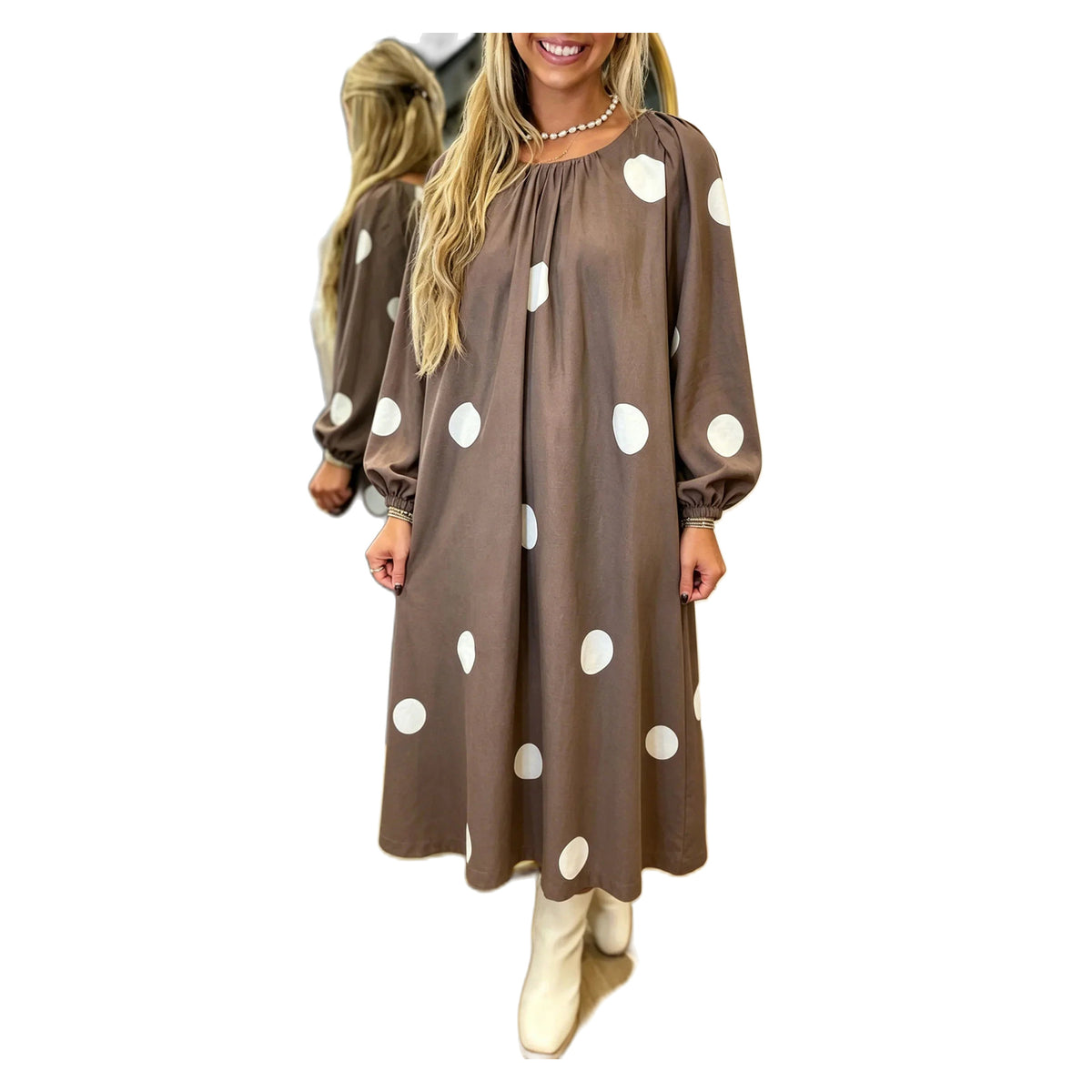 Brown contrast-print bow-back long sleeve midi dress