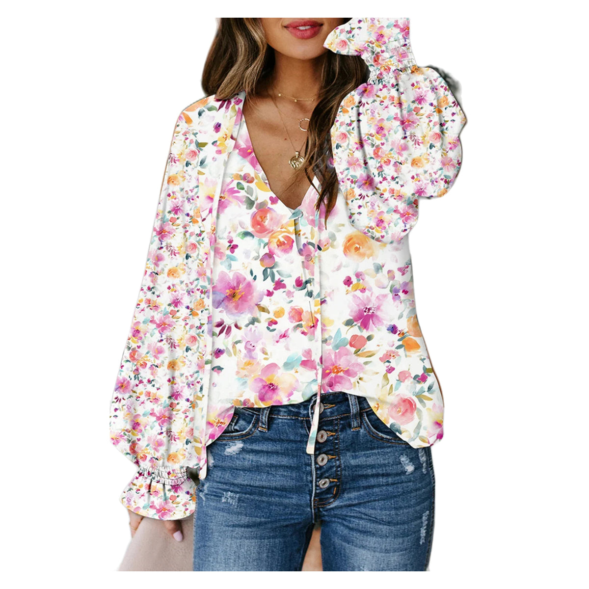 Pink floral V-neck long sleeve blouse