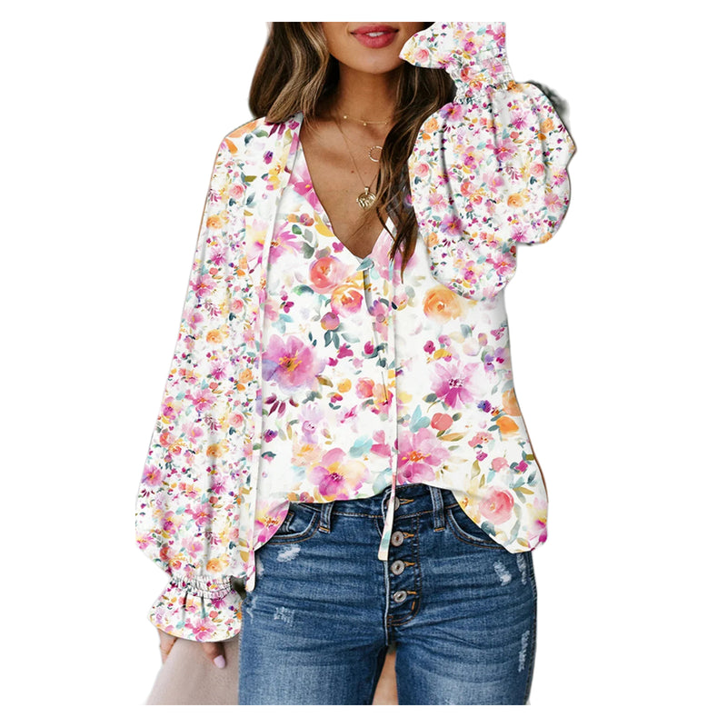 Women's Pink Floral V-Neck Long Sleeve Blouse