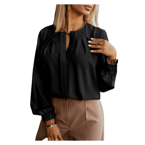 Women's Black Gathered-Neck Long Sleeve Shirt