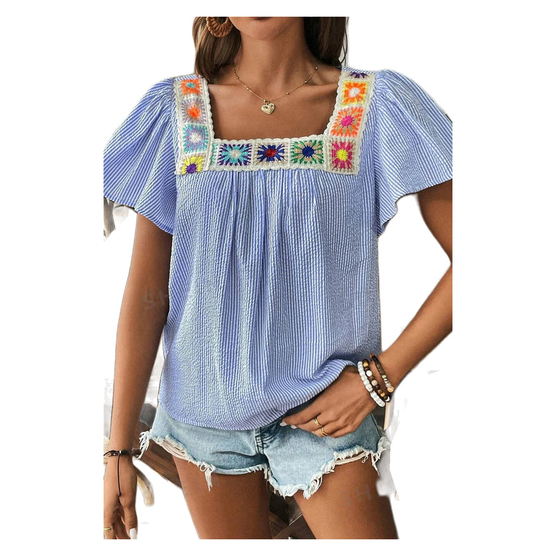 Women's Sky Blue Striped Square-Neck Decorative-Trim Blouse