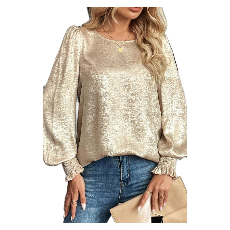 Women's Apricot Metallic Round-Neck Smocked-Cuff Blouse