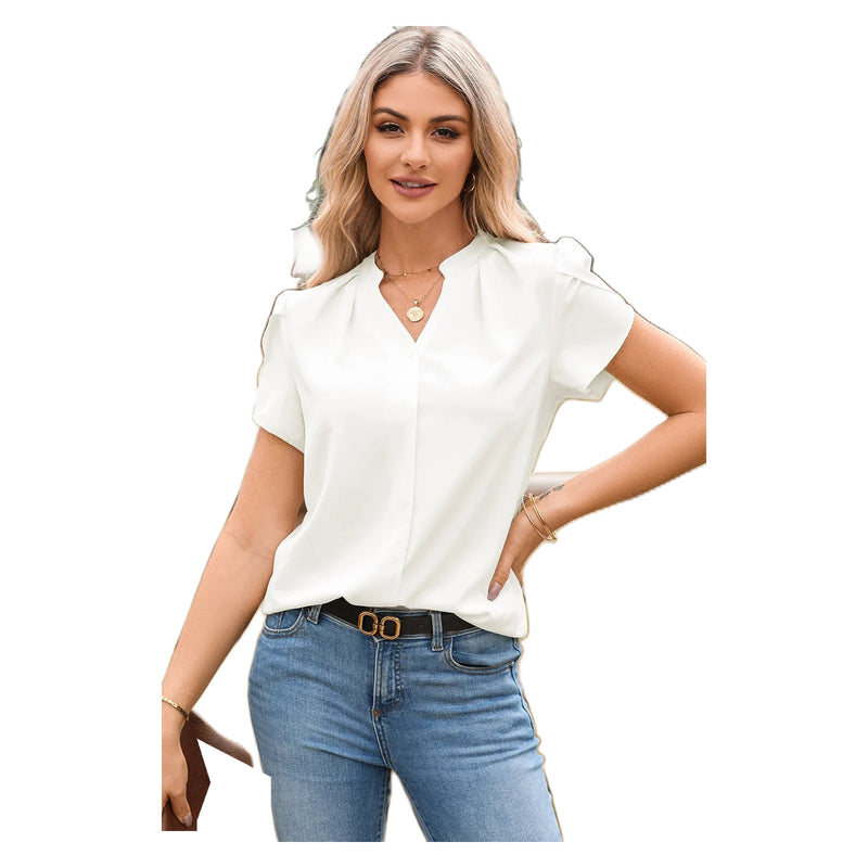 Women's White Notched-Neck Petal Sleeve Blouse